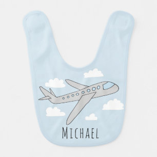 Baby Boy Blue Airplane Travel Design with Name Bib