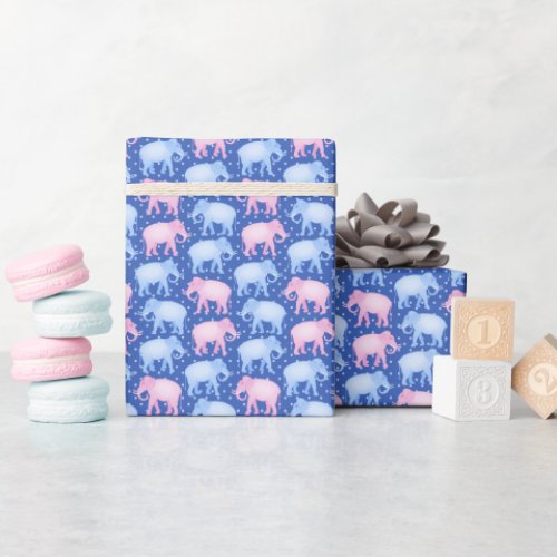 Baby Boy Blue and Pink Indian Elephants Wrapping Paper