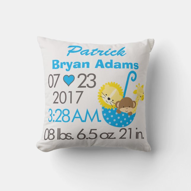 Baby Boy Blue Animal Polka Dot Birth Date Time Throw Pillow (Front)