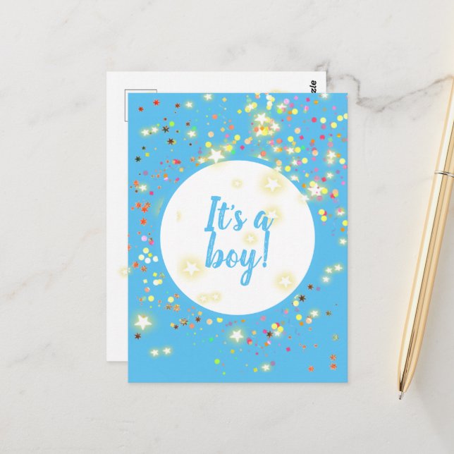 Baby Boy Blue Announcement with Stars and Lights Postcard (Front/Back In Situ)