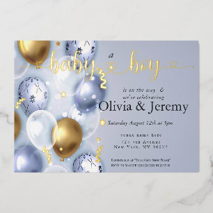 Baby Boy Blue Balloons Baby Shower  Foil Invitation