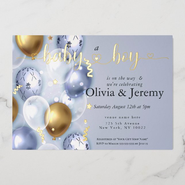 Baby Boy Blue Balloons Baby Shower  Foil Invitation (Front)