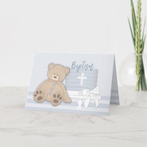 Baby Boy Blue Baptism Cake Teddy Bear Card