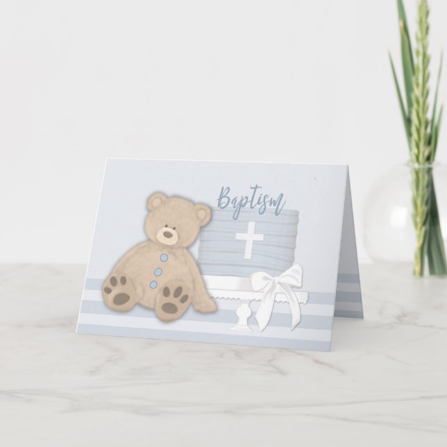 Baby Boy Blue Baptism Cake Teddy Bear Card (Front)