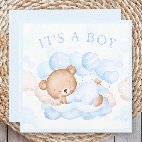 Baby Boy Blue Bear Announcement Card