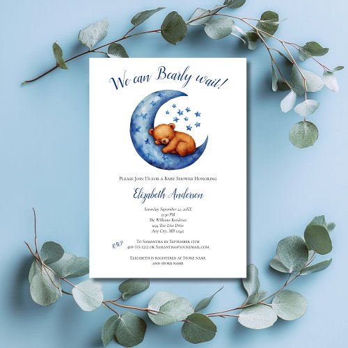 Baby Boy Blue Bear Moon Bearly Wait Baby Shower  Invitation