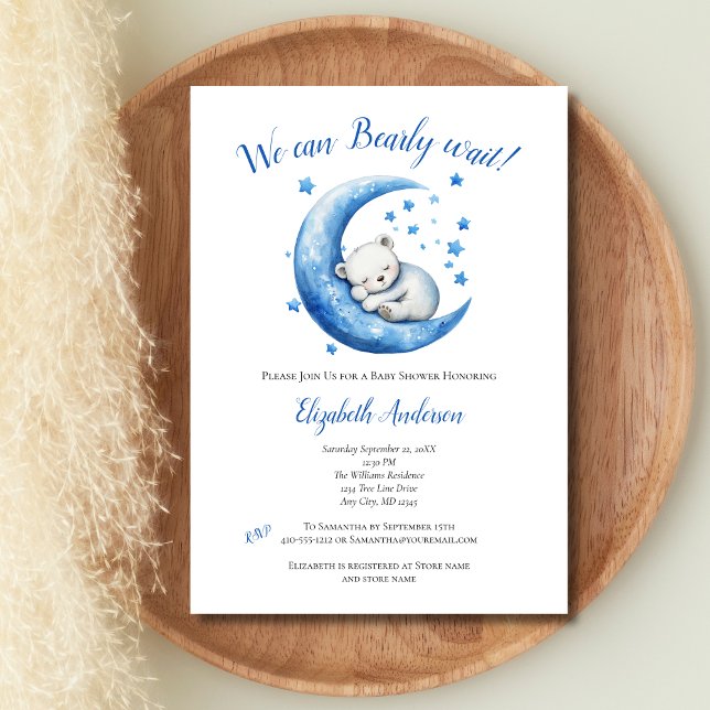 Baby Boy Blue Bear Moon Bearly Wait Baby Shower  Invitation (Boy Baby Shower invitation. White Bear Sleeping in Blue Moon with stars. We can Bearly wait.)