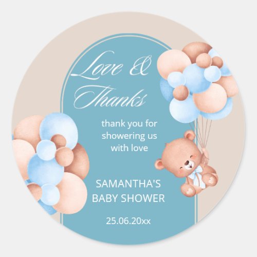 Baby boy blue beige balloons baby shower thank you classic round sticker
