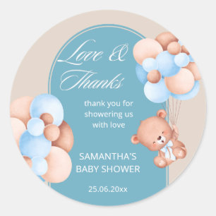 Baby boy blue beige balloons baby shower thank you classic round sticker