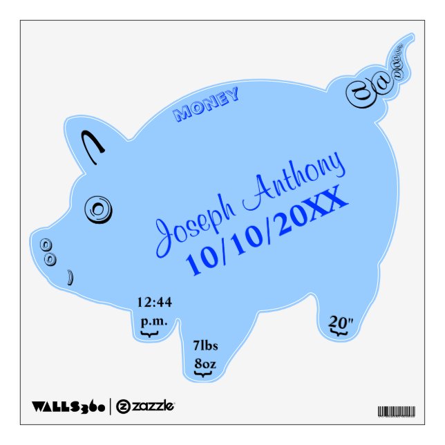 Baby Boy Blue Birth Piggy Bank Birth Stats Wall Sticker (Front)
