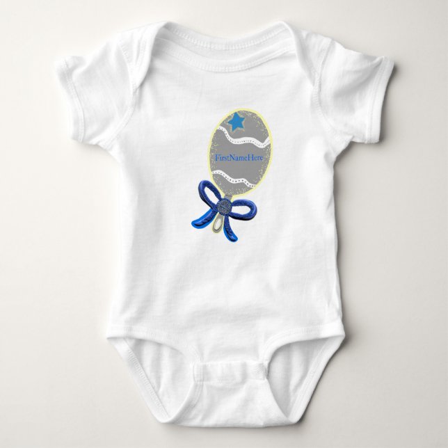 Baby Boy Blue Bow Rattle T-Shirt - CUSTOMIZE Name Baby Bodysuit (Front)