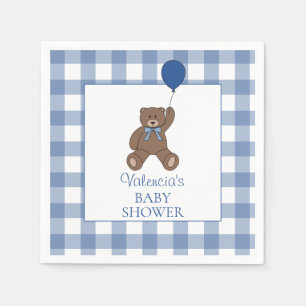 Baby Boy Blue Buffalo Check Teddy Bear Baby Shower Napkins
