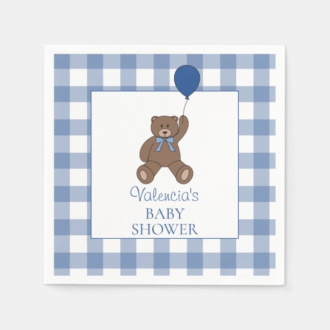 Baby Boy Blue Buffalo Check Teddy Bear Baby Shower Napkins (Front)