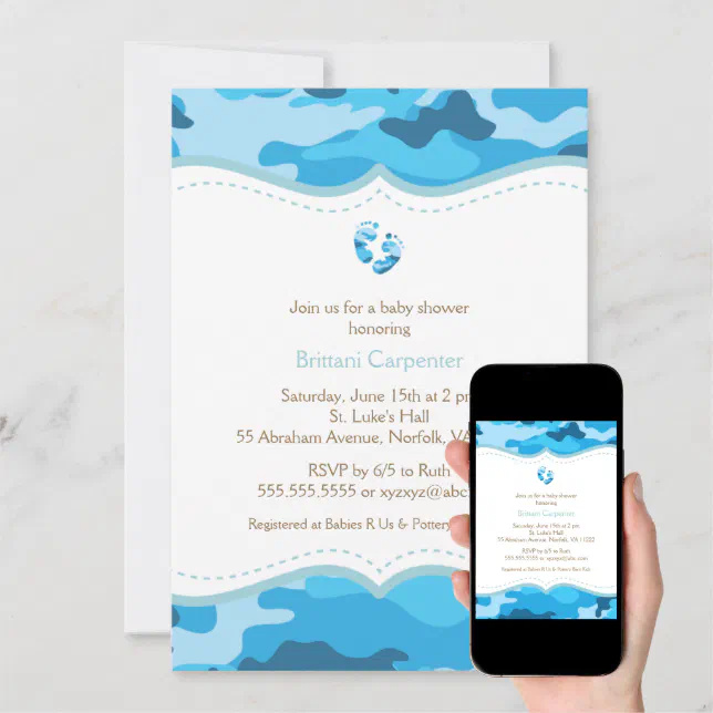 Baby Boy Blue Camo Shower Invitation with feet (Downloadable)