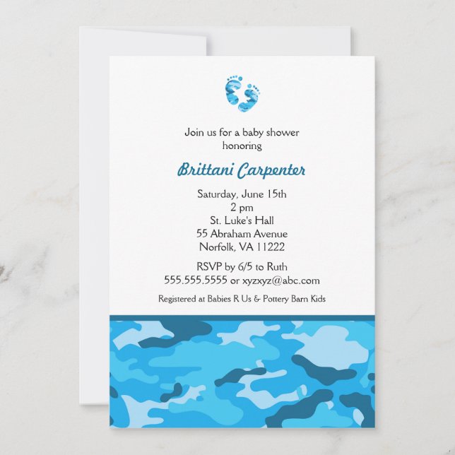 Baby Boy Blue Camouflage Shower Invites feet CAMO (Front)