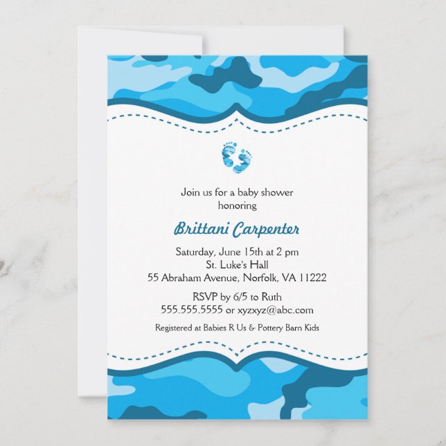 Baby Boy Blue Camouflage Shower Invites feet CAMO (Front)