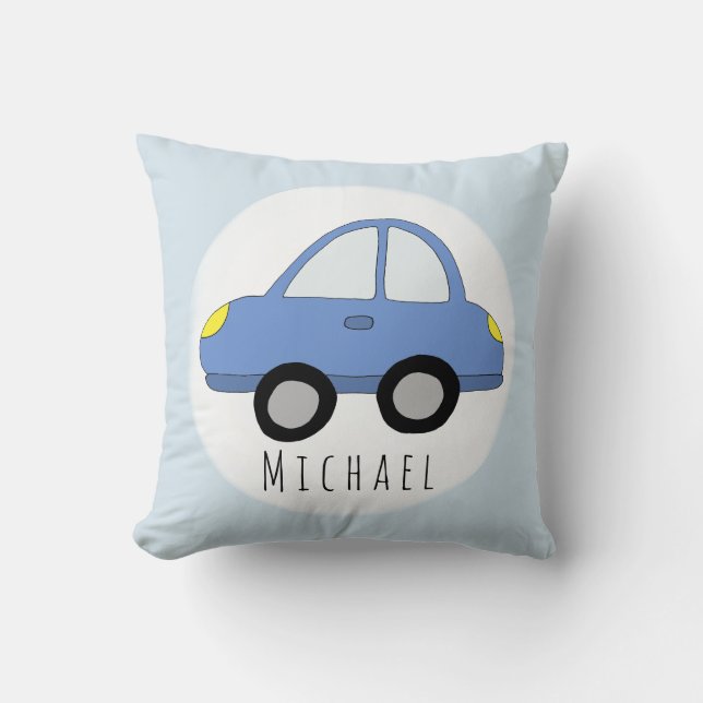 Baby Boy Blue Car Vehicle Name Nursery Throw Pillow (Front)