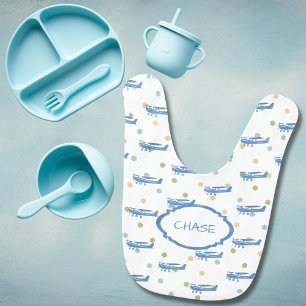 Baby Boy Blue Cessna Airplane Pattern Pilot Name Baby Bib