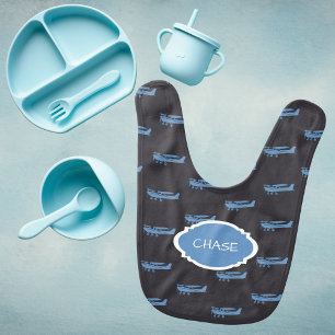 Baby Boy Blue Cessna Airplane Pattern Pilot Name Bib