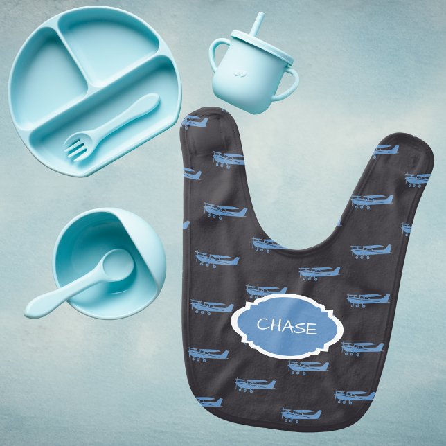 Baby Boy Blue Cessna Airplane Pattern Pilot Name Bib (Creator Uploaded)