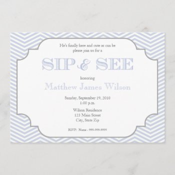 Baby Boy Blue Chevron Sip And See Invitation by maternity_tees at Zazzle