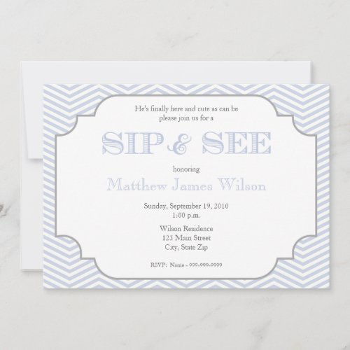 Baby Boy Blue Chevron Sip and See Invitation
