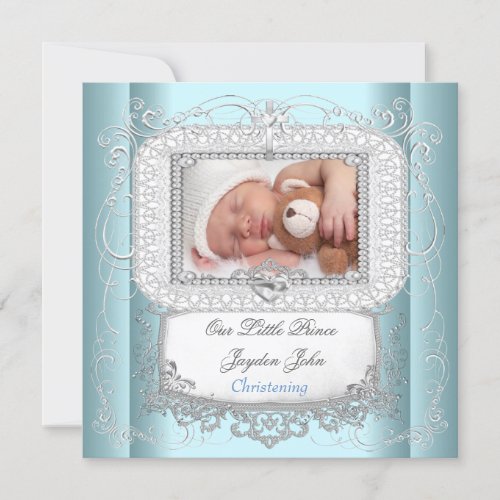 Baby Boy Blue Christening Baptism Cross Prince Personalized Invitations