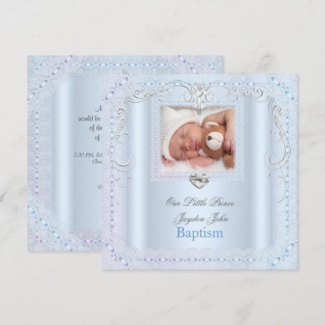 Baby Boy Blue Christening Baptism Cross Prince Invitation (Front/Back)