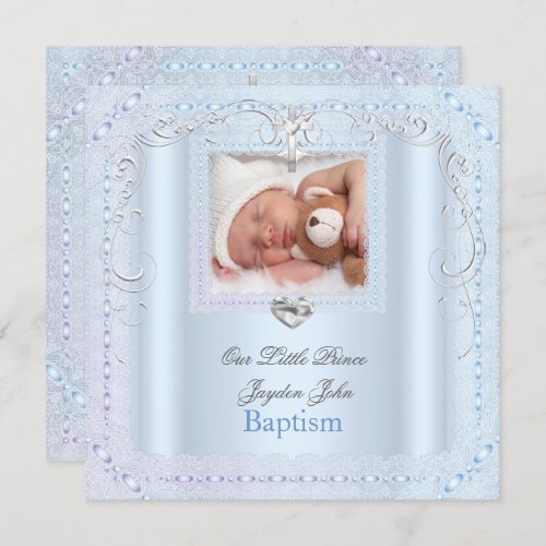 Baby Boy Blue Christening Baptism Cross Prince Invitation