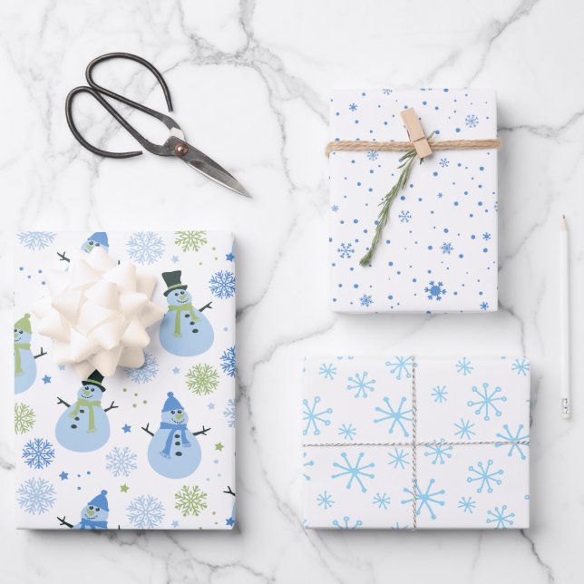 Baby Boy Blue Christmas Snowmen and Snowflakes Wrapping Paper Sheets (Front)