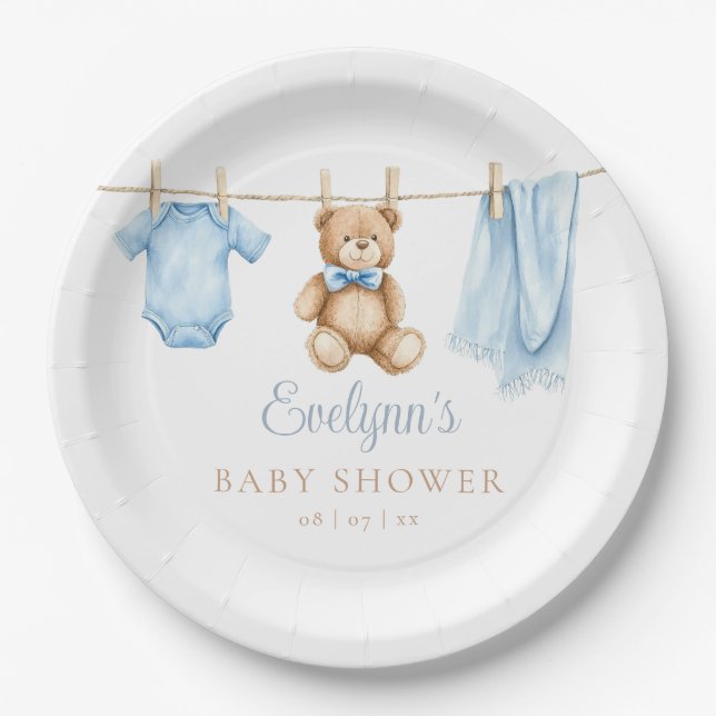 Baby Boy Blue Clothesline Baby Shower Paper Plates (Front)