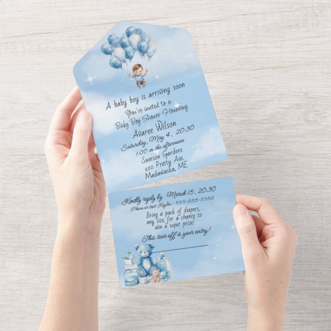 Baby Boy Blue Clouds Balloons Shower Invitation (Tearaway)