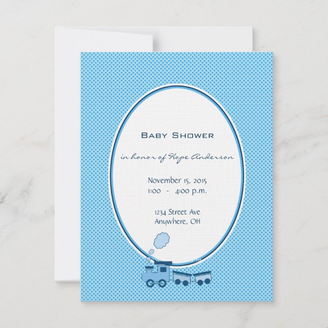 Baby Boy Blue Dot Train Shower Announcement (Front)