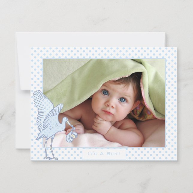 Baby Boy Blue Dots Stork Baby Picture Announcement (Front)