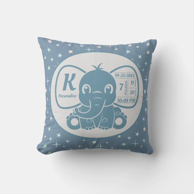 Baby Boy Blue Elephant Birth Announcement Stars Throw Pillow (Front)