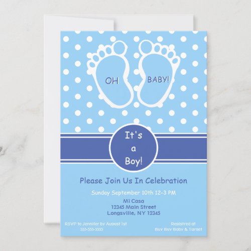 Baby Boy Blue Feet Polka Dot Oh Baby Shower Invitation