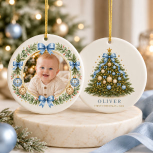Baby Boy Blue First Christmas Bow Photo Ceramic Ornament