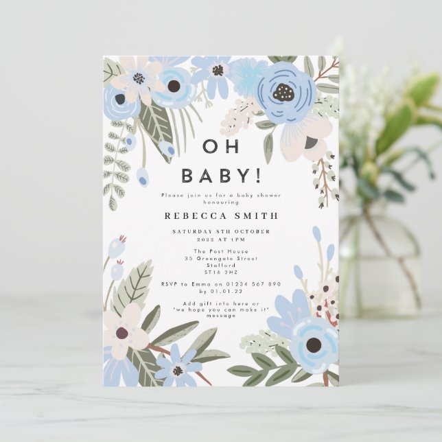 Baby Boy Blue Floral Baby Shower Invitation (Standing Front)
