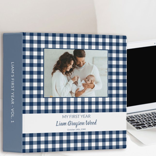 Baby Boy Blue Gingham Check Photo Album 3 Ring Binder (Creator Uploaded)