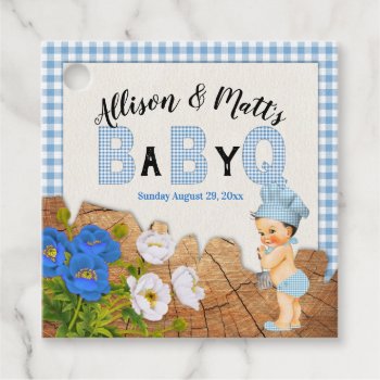 Baby Boy Blue Gingham Wood Floral Baby Q Bbq Favor Favor Tags by nawnibelles at Zazzle