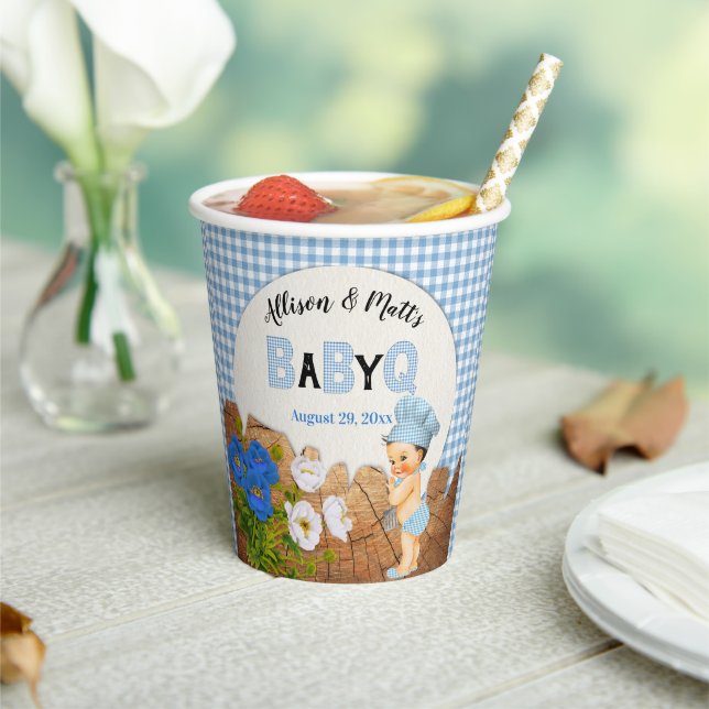 Baby Boy Blue Gingham Wood Floral Baby Q BBQ Paper Cups (Insitu)
