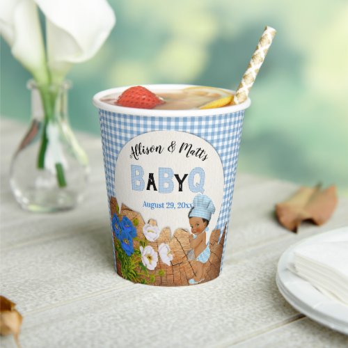 Baby Boy Blue Gingham Wood Floral Baby Q BBQ Paper Paper Cups