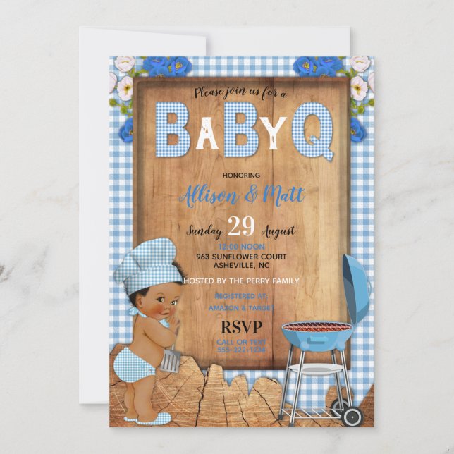 Baby Boy Blue Gingham Wood Flowers Baby Q Barbecue Invitation (Front)
