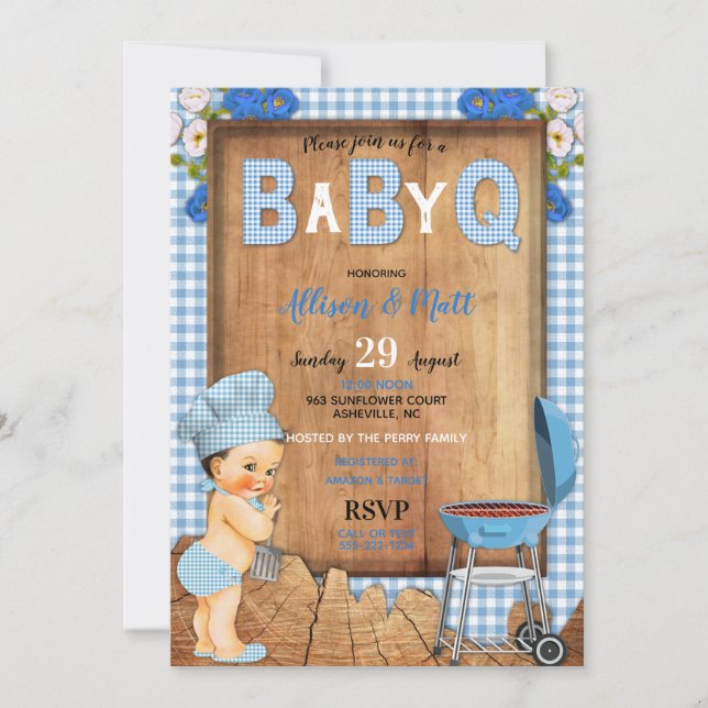 Baby Boy Blue Gingham Wood Flowers Baby Q Barbecue Invitation (Front)