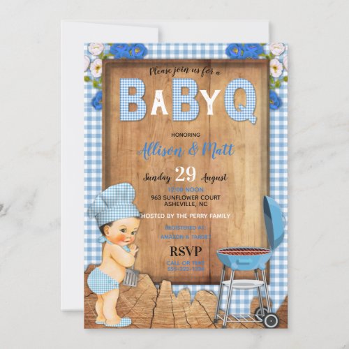 Baby Boy Blue Gingham Wood Flowers Baby Q Barbecue Invitation