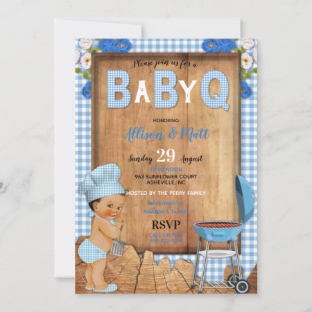 Baby Boy Blue Gingham Wood Flowers Baby Q Barbecue Invitation
