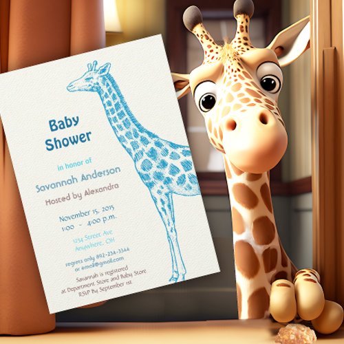 Baby Boy Blue Giraffe Baby Shower Invitation