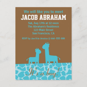 Baby Boy - Blue giraffe silhouettes and pattern Invitation