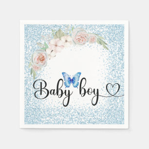 Baby boy blue glitter and pale flowers paper napkins