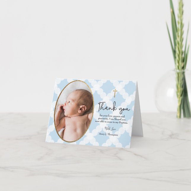 Baby Boy blue gold baptism thank you Modern Card (Front)